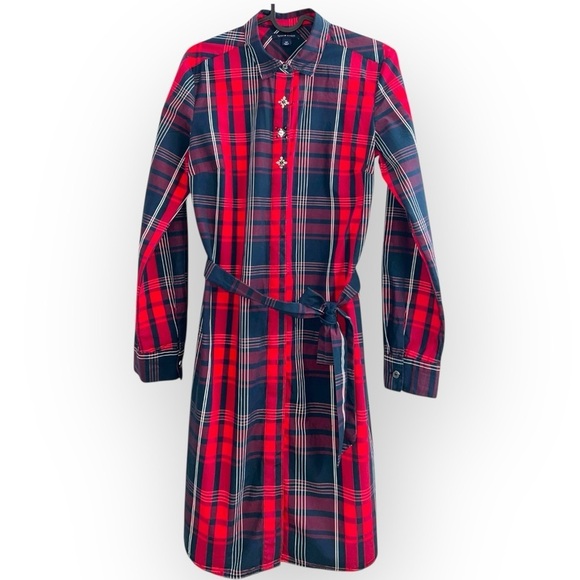 Tommy Hilfiger Dresses & Skirts - Tommy Hilfiger Red Navy Plaid Shirt mini collar Longsleeve cotton dress belt S